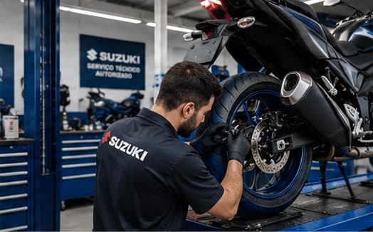 Ilustração de um mecânico trabalhando na roda traseira de uma moto